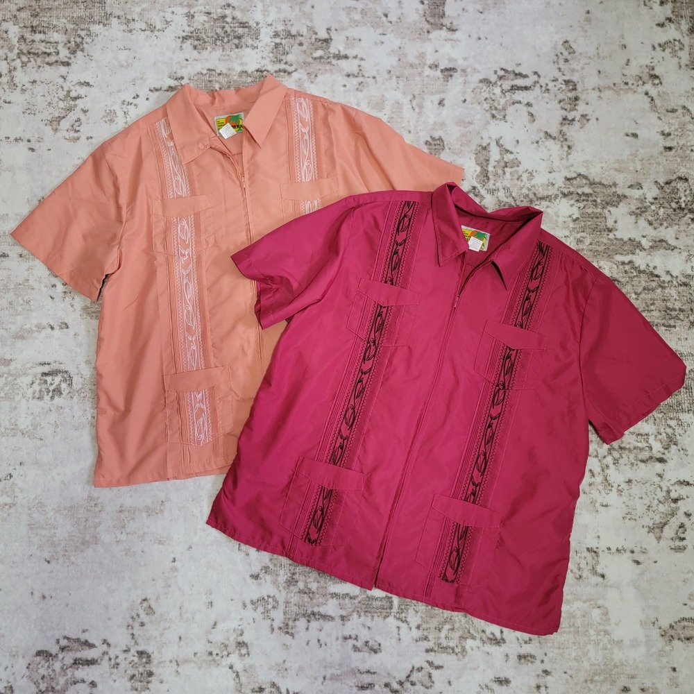 Lot of 2 Haband Guayabera Shirts Men's XL Peach & Raspberry 4-Pocket Cuban Zipup